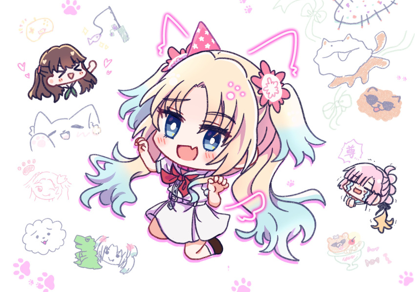 >_<, 3girls, :>, :d, animal-themed_food, animal_ear_fluff, animal_ears, anyoji_hime