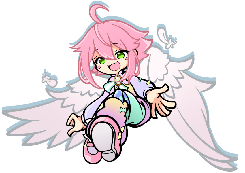 1boy, :3, ahoge, alternate_costume, angel_wings, aqua_shorts, arms_at_sides, blush_stickers