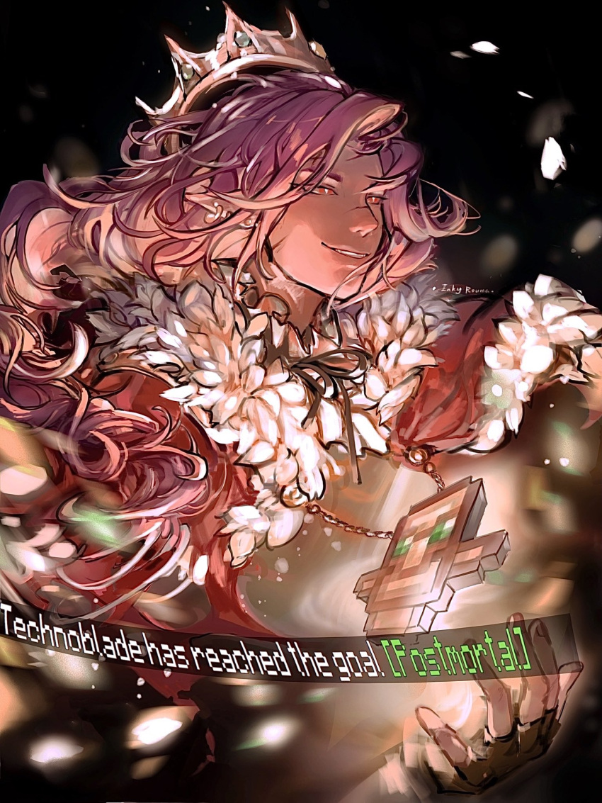 1boy, androgynous, animification, archived_source, bad_id, bad_twitter_id, black_gloves, cape, commentary, crown, dream_smp, english_commentary, english_text, fingerless_gloves, fur-trimmed_cape, fur_trim, gameplay_mechanics, gloves, highres, humanization, inky_rouma, long_hair, male_focus, minecraft, minecraft_youtube, pink_hair, pointy_ears, red_cape, red_eyes, scar, smile, solo, technoblade, totem_of_undying
