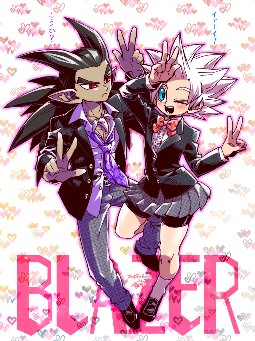 2019, 2boys, alternate_costume, antenna_hair, bike_shorts_under_skirt, black_jacket, blazer, blue_eyes