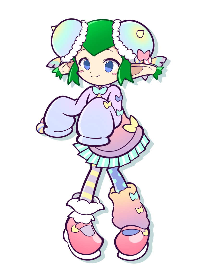 1girl, alternate_costume, asymmetrical_legwear, blue_eyes, blue_pantyhose, blue_skirt, blush_stickers, bun_cover