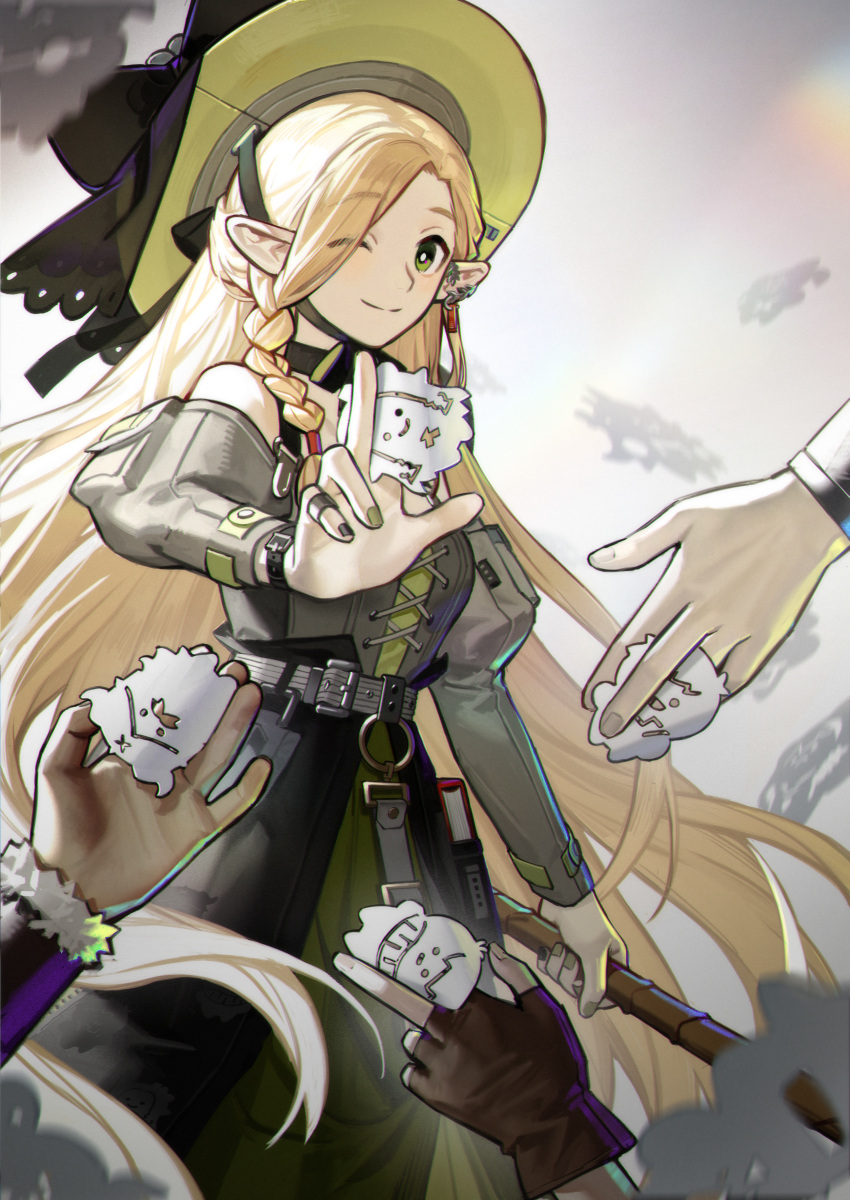 1girl, 3boys, absurdres, arknights, bare_shoulders, belt, blonde_hair, book