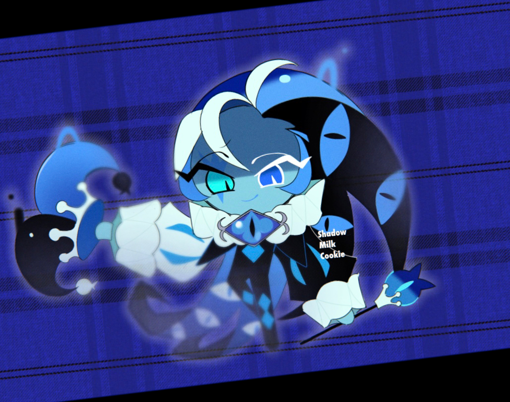 1boy, blue_eyes, blue_hat, blue_skin, blue_theme, brooch, chibi, chibi_only, colored_skin, commentary_request, cookie_run, cookie_run:_kingdom, eye_brooch, full_body, hat, holding, holding_staff, jester, jester_cap, jester_costume, jewelry, kabin2005, long_sleeves, looking_at_viewer, male_focus, neck_ruff, official_style, puffy_long_sleeves, puffy_sleeves, shadow_milk_cookie, simple_background, smile, solo, staff, white_eyelashes, white_hair