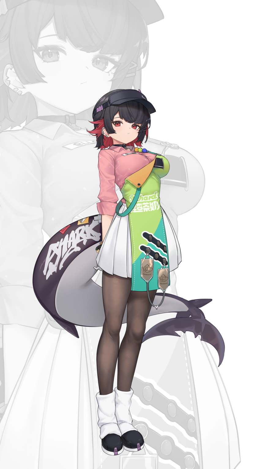1girl, absurdres, alternate_costume, apron, arms_behind_back, black_choker, black_footwear, black_hair, black_pantyhose, choker, closed_mouth, coco_(zenless_zone_zero), coco_(zenless_zone_zero)_(cosplay), collared_shirt, colored_inner_hair, cosplay, ellen_joe, fins, fish_tail, full_body, gloves, highres, leg_warmers, long_sleeves, looking_at_viewer, multicolored_hair, nanana_narang, pantyhose, pink_shirt, red_eyes, redhead, shark_girl, shark_tail, shirt, short_hair, simple_background, skirt, standing, tail, visor_cap, white_background, white_gloves, white_leg_warmers, white_skirt, zenless_zone_zero, zoom_layer