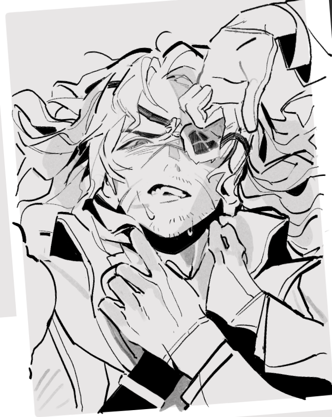 1boy, 1other, collared_coat, eyepatch, gloves, greyscale, heathcliff_(project_moon), limbus_company