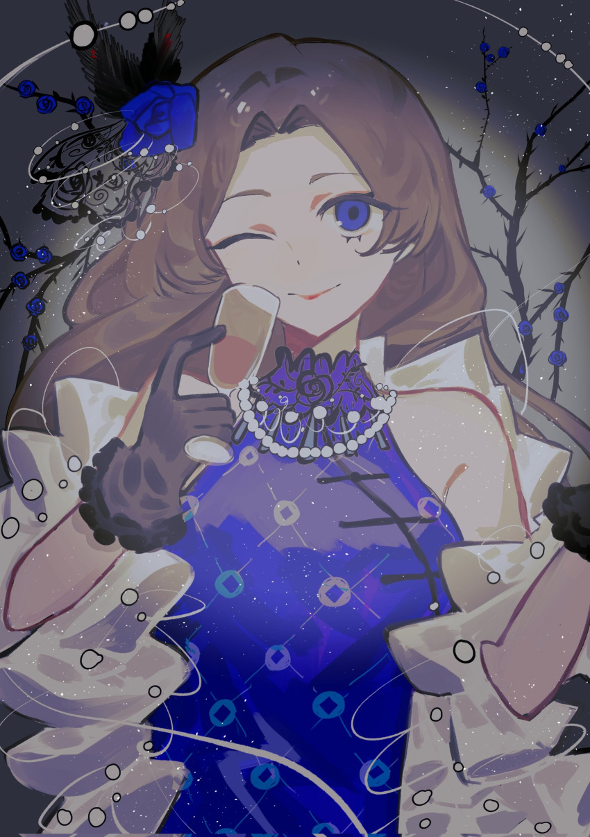 1girl, akasasachii, black_gloves, blue_dress, blue_eyes, blue_flower, blue_rose, brown_hair