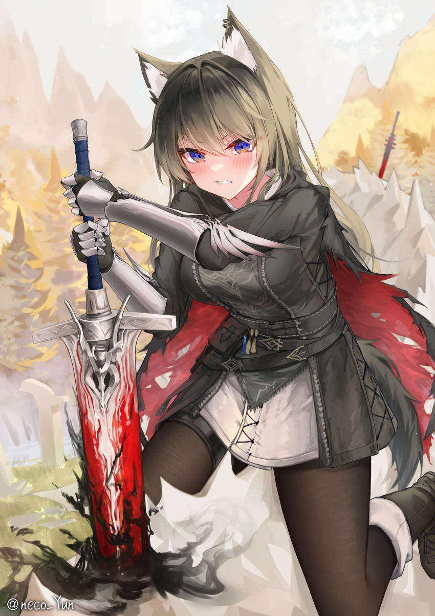1girl, animal_ear_fluff, animal_ear_piercing, animal_ears, arknights, belt, belt_pouch, black_belt, black_cape, black_dress, black_footwear, black_hair, black_pantyhose, blue_eyes, cape, clenched_teeth, commentary_request, dress, gauntlets, hair_between_eyes, highres, holding, holding_sword, holding_weapon, long_hair, looking_at_viewer, official_alternate_costume, orange_eyes, pantyhose, pouch, red_cape, solo, sword, teeth, texas_(arknights), texas_the_omertosa_(arknights), texas_the_omertosa_(wingbreaker)_(arknights), torn_cape, torn_clothes, two-tone_cape, two-tone_eyes, weapon, wolf_ears, wolf_girl, yeosi