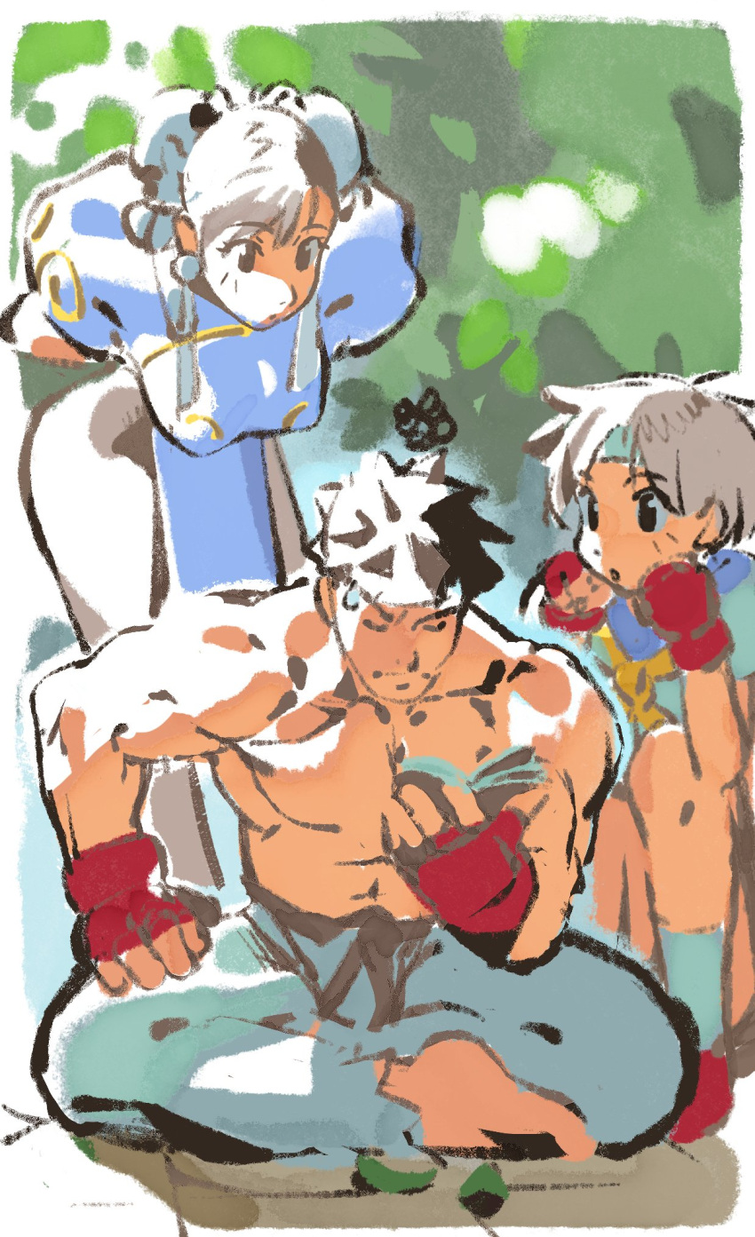 1boy, 2girls, bent_over, blue_sailor_collar, book, boxing_gloves, breasts, bun_cover