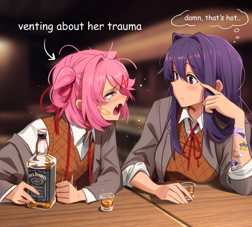 2girls, absurdres, arrow_(symbol), bandaid, bandaid_on_cheek, bandaid_on_face, blush, bottle, brown_vest, commentary, crying, crying_with_eyes_open, cup, doki_doki_literature_club, drinking_glass, fang, grey_jacket, hair_intakes, hair_ribbon, hand_up, highres, indoors, jacket, khyle., long_sleeves, looking_at_another, mordecai_(regular_show), multiple_girls, my_little_pony, my_little_pony:_friendship_is_magic, natsuki_(doki_doki_literature_club), nose_blush, one_side_up, open_mouth, pink_hair, purple_hair, red_ribbon, regular_show, ribbon, shirt, tears, thought_bubble, twilight_sparkle, vest, violet_eyes, white_shirt, yuri_(doki_doki_literature_club)