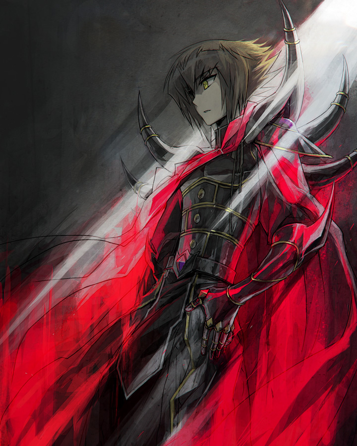 1boy, arm_armor, armor, black_armor, brown_hair, cape, chest_armor, dappled_sunlight