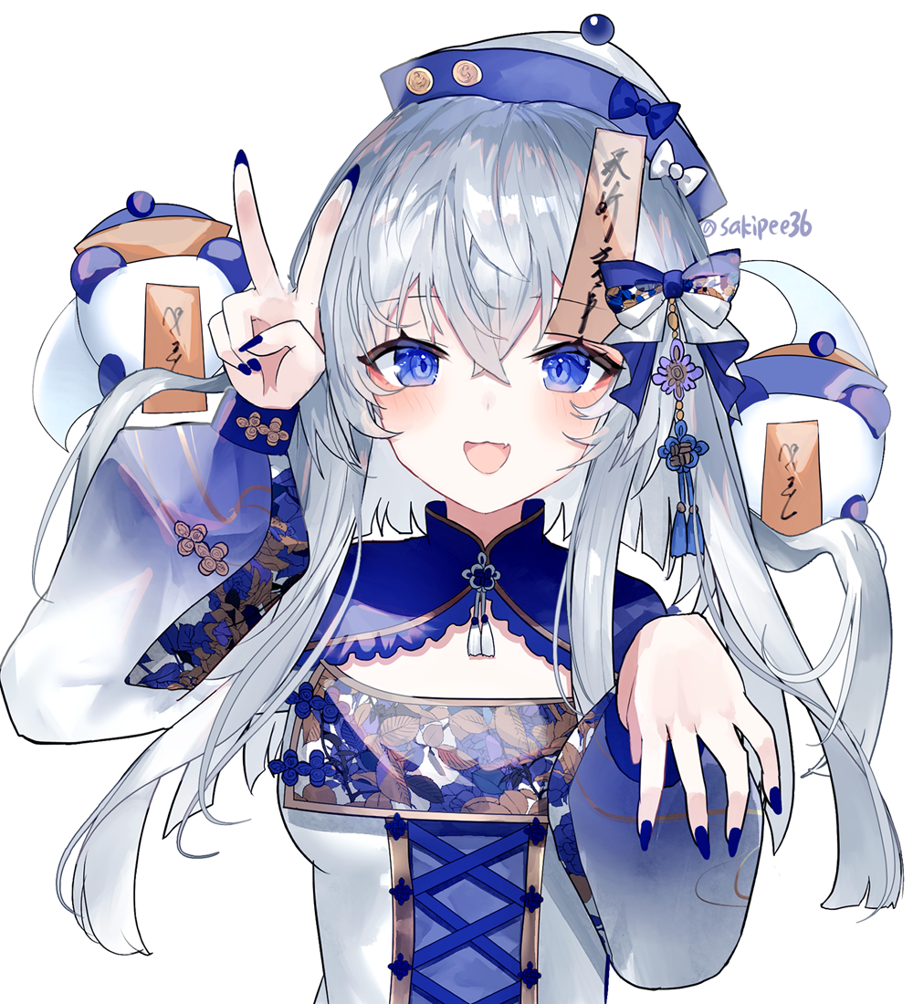 1girl, :o, badge, blue_bow, blue_capelet, blue_eyes, blue_nails, blush