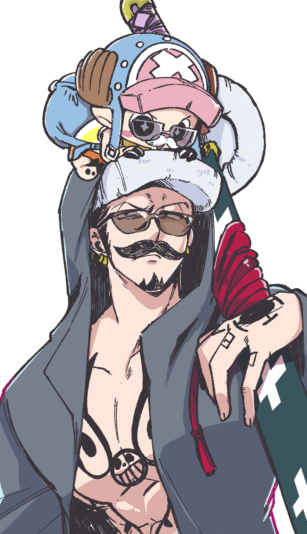 2boys, antlers, bag, blush, chest_tattoo, commentary_request, cross, earrings