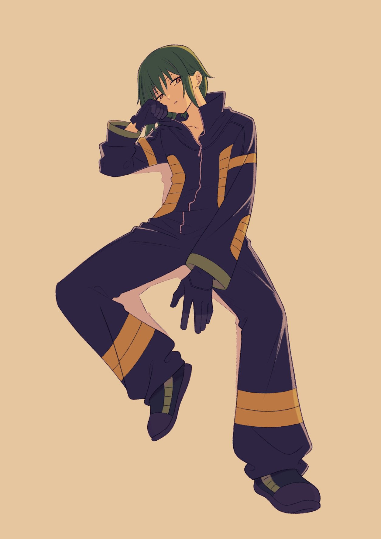 1boy, black_footwear, cail_(pokemon), collarbone, commentary_request, full_body, gloves, green_hair