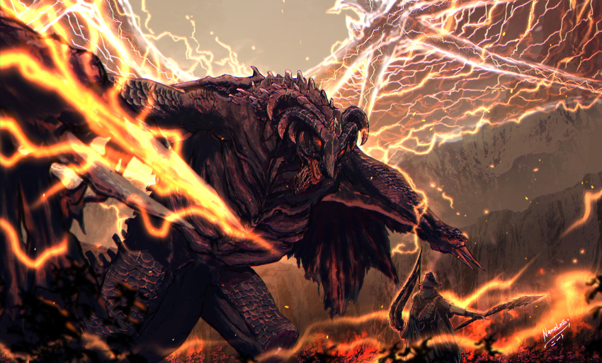 1boy, absurdres, artist_name, bayle_the_dread, bow_(weapon), broken_wing, colored_sclera, creature