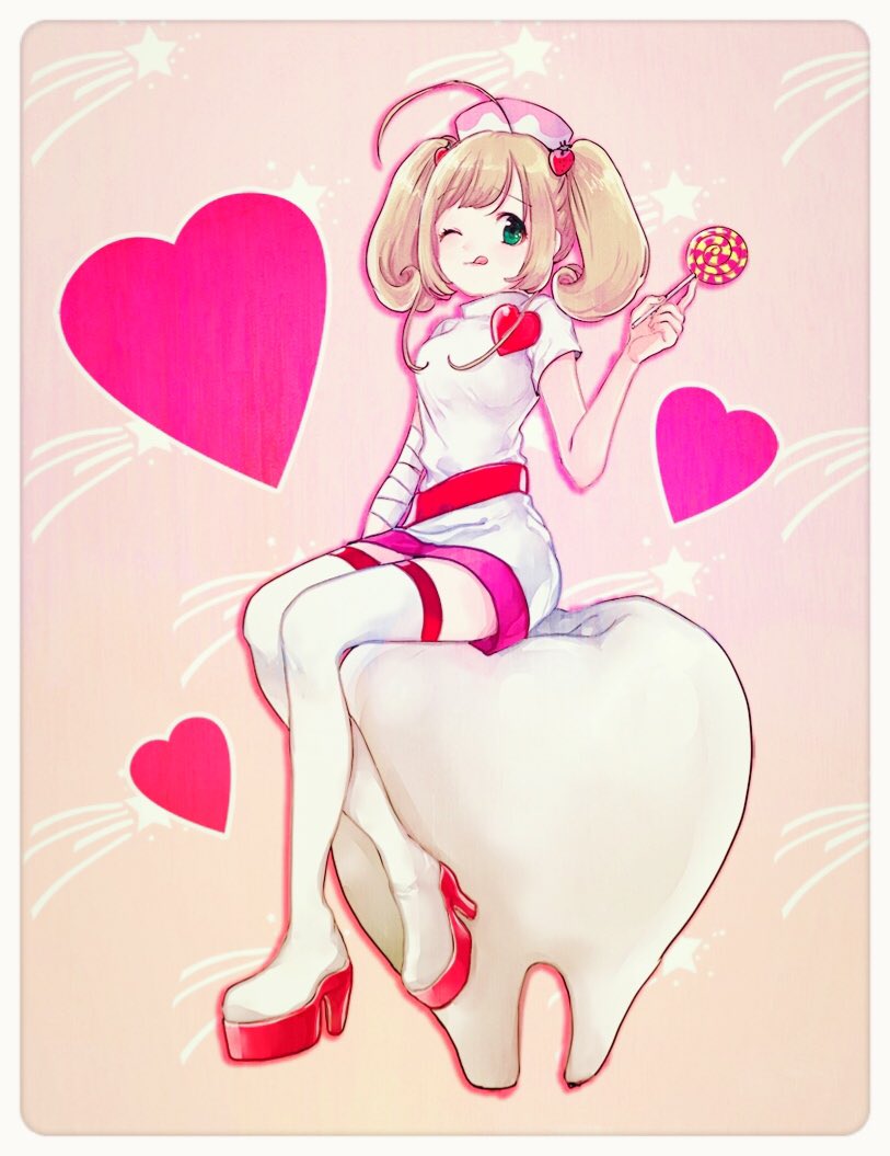 1girl, ;q, ahoge, blonde_hair, boots, breasts, candy, comeco