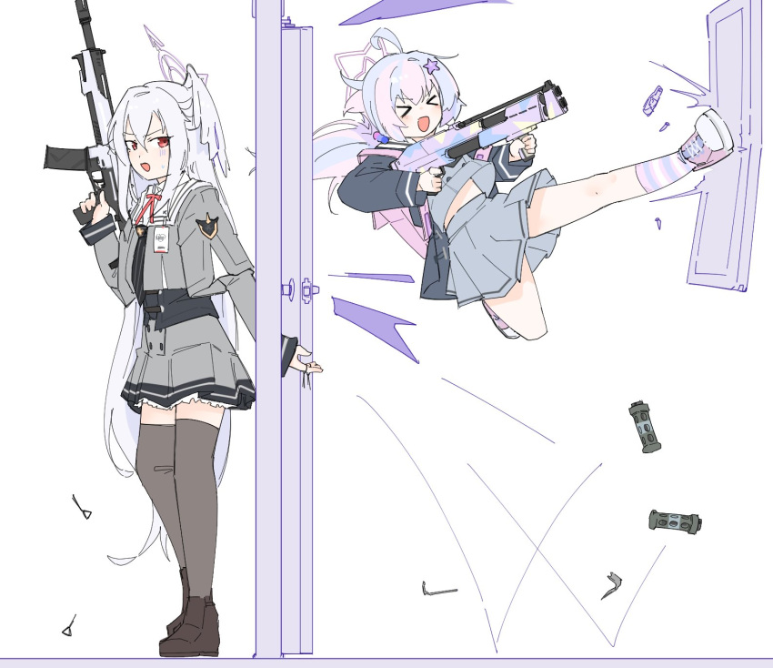 >_<, 2girls, ahoge, assault_rifle, blue_archive, brown_footwear, commentary_request, door