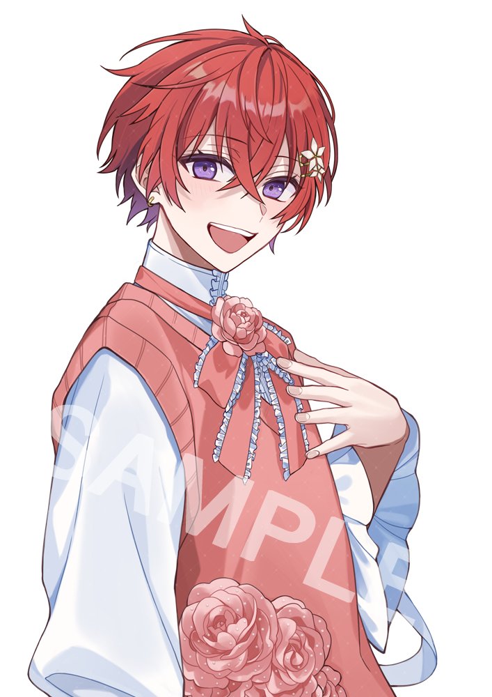 1boy, :d, coe._(starlight_polaris), crossed_bangs, earrings, flower, flower_brooch, frilled_ribbon, frilled_shirt_collar, frilled_sleeves, frills, from_side, hair_flower, hair_ornament, hand_on_own_chest, jewelry, long_sleeves, looking_at_viewer, looking_to_the_side, male_focus, neck_ribbon, official_art, pink_flower, pink_ribbon, pink_rose, pink_sweater_vest, redhead, ribbon, rose, sample_watermark, shirt, short_hair, simple_background, smile, solo, starlight_polaris, sweater_vest, teeth, teito_(0w0kuma), upper_body, upper_teeth_only, violet_eyes, watermark, white_background, white_shirt