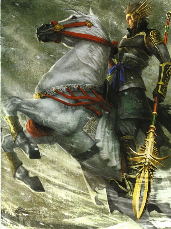 animal, armored, blonde_hair, boots, dynasty_warriors, gloves, hero, horse, knight, koei, ma_chao, male, riding, sangoku_musou, shield, short_hair, snow, spear, trust, warrior, weapon, winter