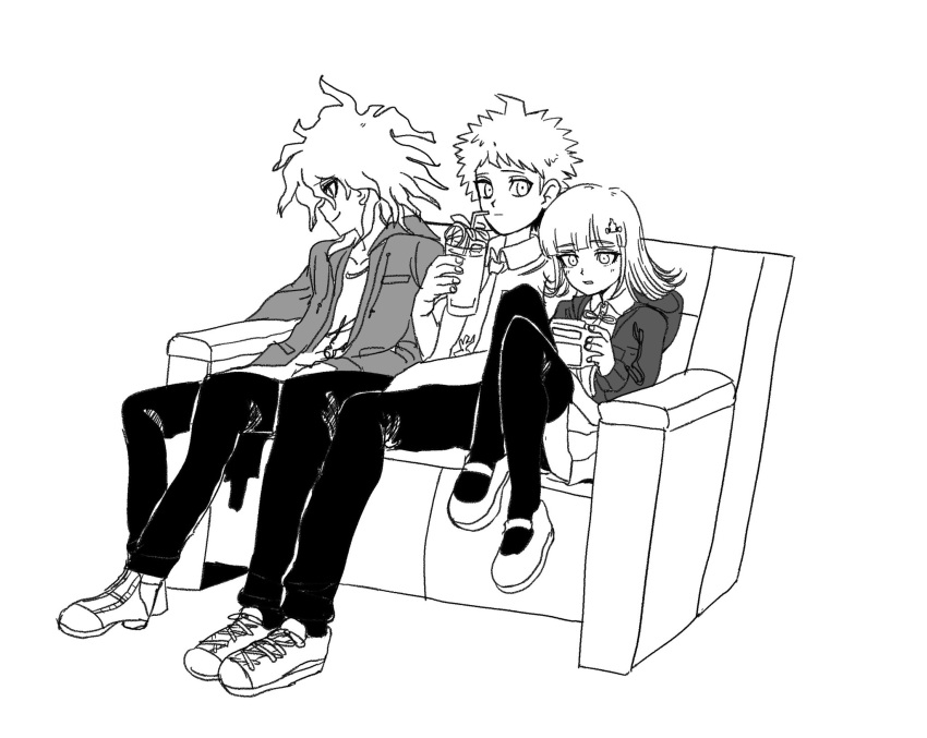 1girl, 2boys, ahoge, ass, blunt_bangs, collared_shirt, couch, cup, danganronpa_(series), danganronpa_2:_goodbye_despair, handheld_game_console, highres, hinata_hajime, holding, holding_cup, holding_handheld_game_console, hood, hood_down, hooded_jacket, jacket, komaeda_nagito, lian_(nerineridaco), medium_hair, miniskirt, multiple_boys, nanami_chiaki, neck_ribbon, necktie, open_clothes, open_jacket, pants, playing_games, pleated_skirt, ribbon, shirt, shoes, short_hair, sitting, skirt, spaceship_hair_ornament, thigh-highs