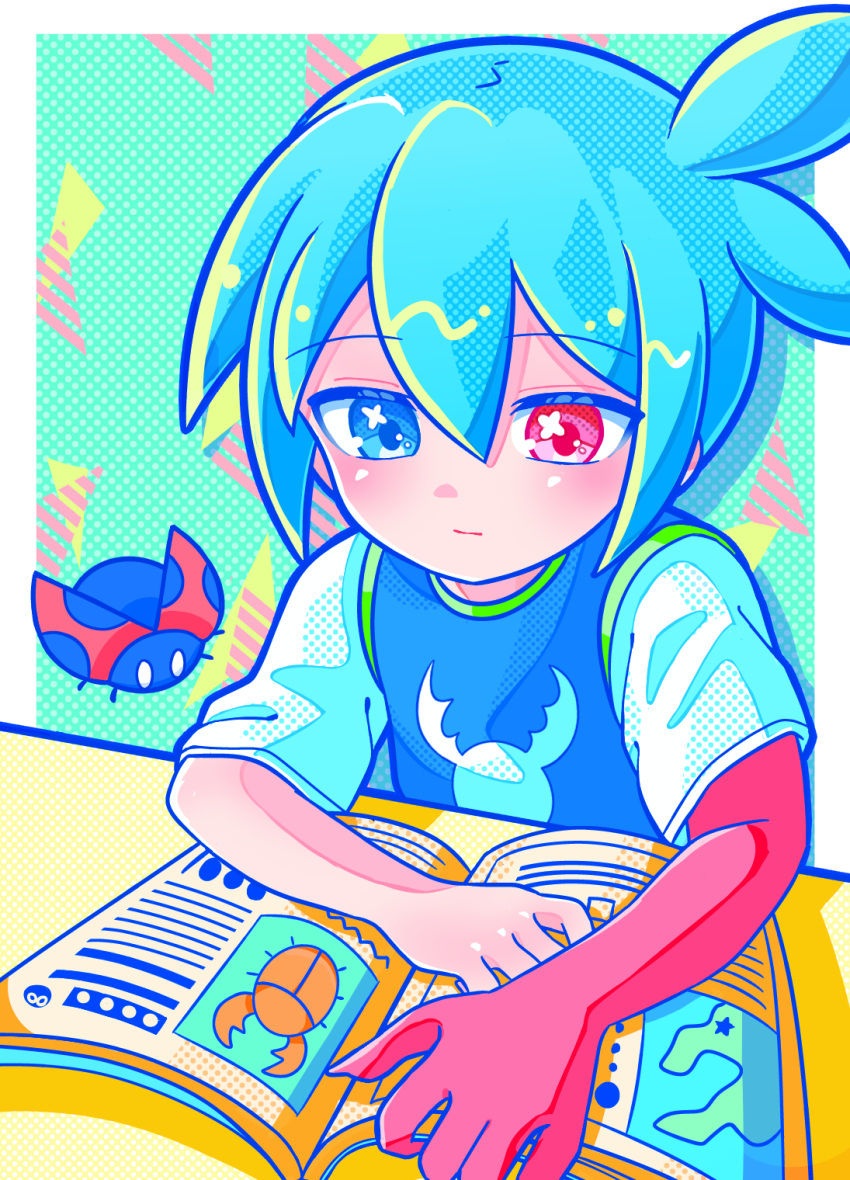 1boy, against_table, antenna_hair, arm_rest, asymmetrical_arms, blue_eyes, blue_hair, blue_shirt