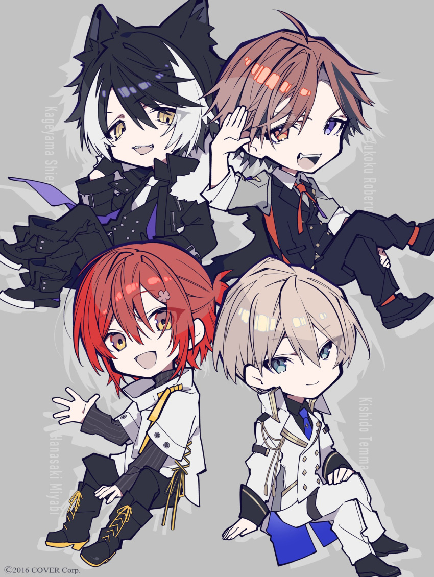 4boys, :d, animal_ears, between_legs, black_coat, black_footwear, black_gloves, black_hair