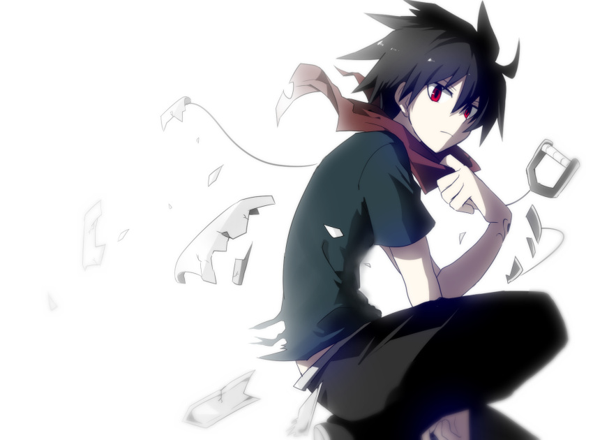 1boy, adjusting_bandana, arm_between_legs, bandana, bandana_around_neck, bishounen, black_hair, black_pants, black_shirt, bloom, closed_mouth, feet_out_of_frame, from_side, hair_between_eyes, hand_up, highres, log_80000, looking_at_viewer, looking_to_the_side, male_focus, on_one_knee, pale_skin, pants, red_bandana, red_eyes, ross_(senyuu), sen'yuu., shards, shirt, short_hair, simple_background, solo, spiky_hair, turtleneck, turtleneck_shirt, white_background