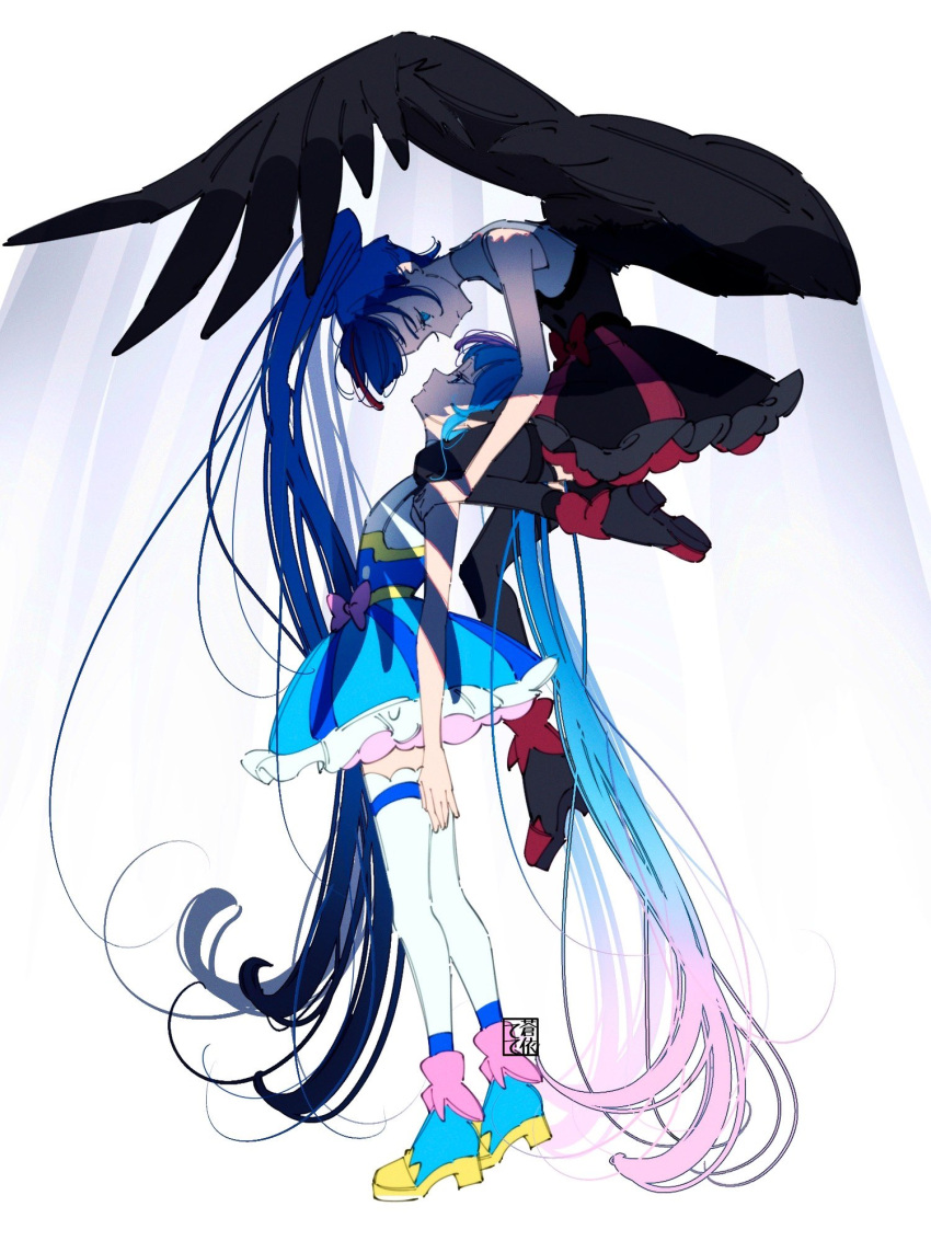 2girls, ankle_boots, aoi_tete, artist_logo, black_dress, black_footwear, black_thighhighs, black_wings