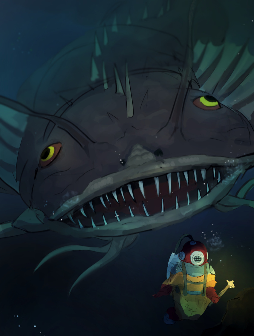 1boy, animal, animal_focus, catfish, colored_sclera, danger!_ogopogo!, deep_diver, diving, diving_suit, duel_monster, fish, hatano_kiyoshi, highres, oversized_animal, red_sclera, sharp_teeth, teeth, underwater, yellow_eyes, yu-gi-oh!
