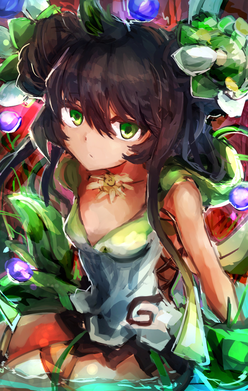 1girl, black_hair, breasts, dress, duel_monster, expressionless, green_eyes, hatano_kiyoshi
