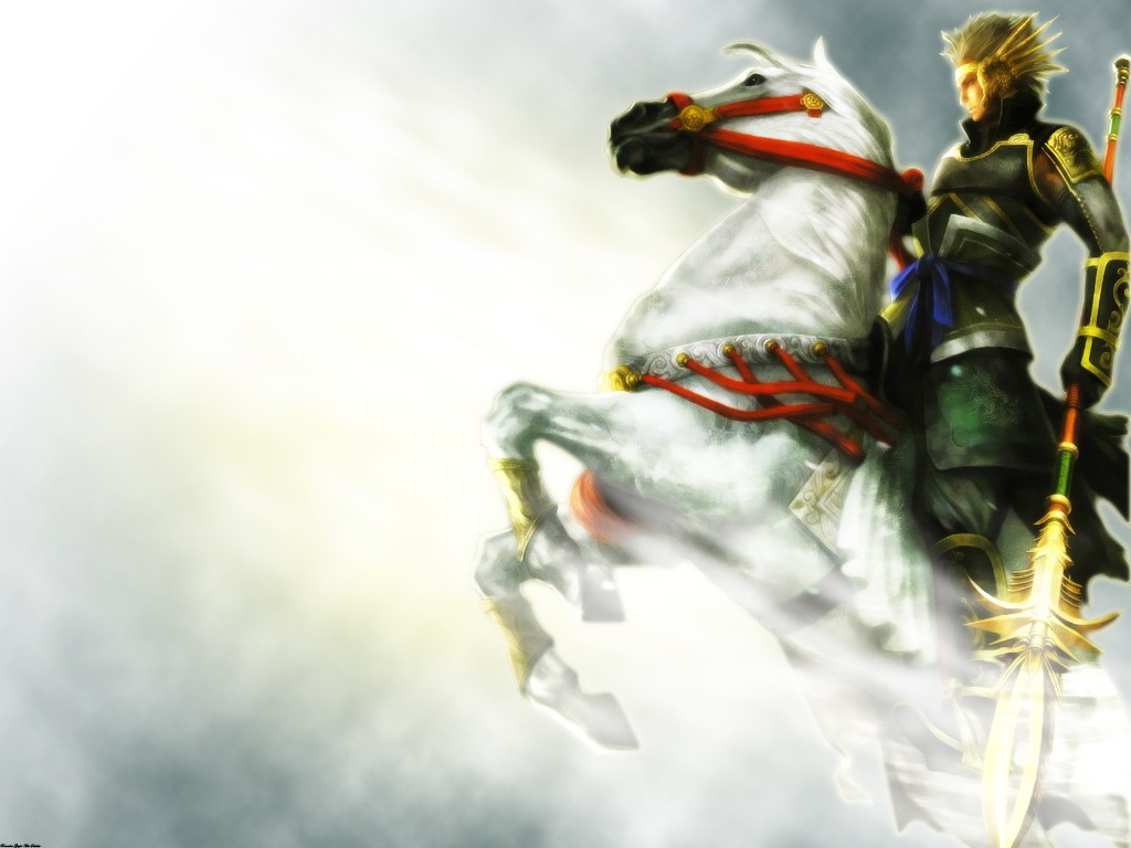 animal, armored, blonde_hair, boots, dynasty_warriors, gloves, hero, horse