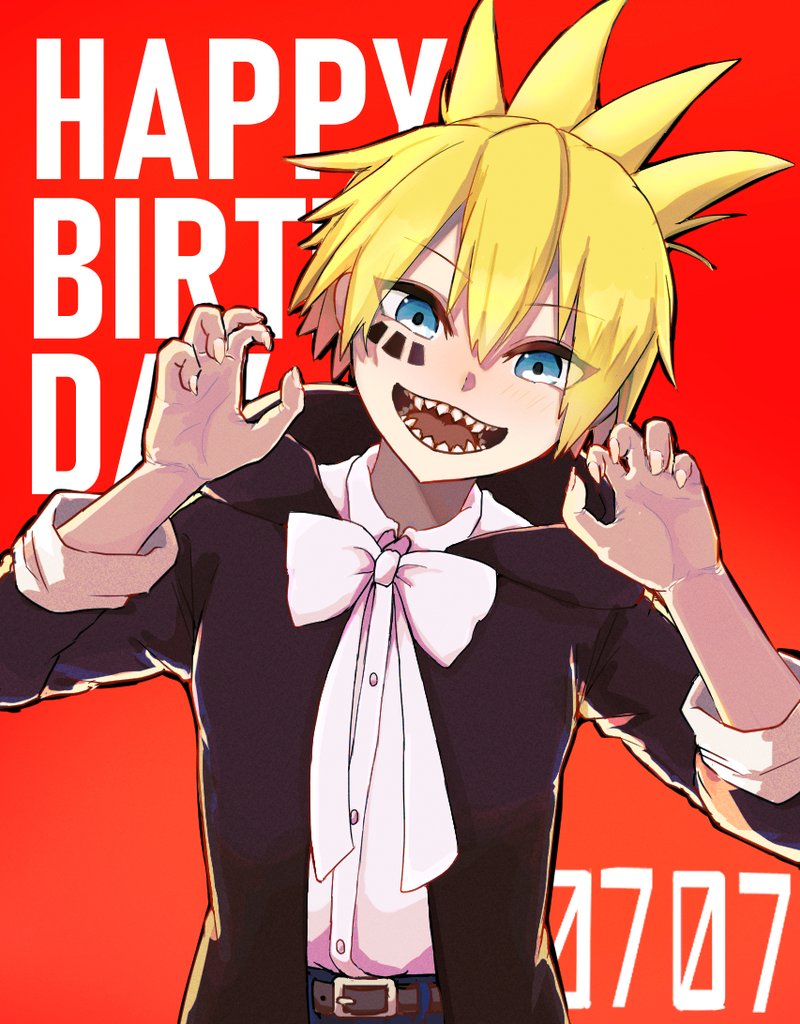 1boy, akicaze, belt, bishounen, black_coat, black_outline, blonde_hair, blue_eyes, bow, bowtie, brown_belt, claw_pose, coat, collared_shirt, dated, double-parted_bangs, dress_shirt, fingernails, hair_between_eyes, hands_up, happy, happy_birthday, head_tilt, hood, hood_down, hooded_coat, juli_sieben, long_sleeves, looking_at_viewer, male_focus, mark_under_eye, open_clothes, open_coat, open_mouth, outline, red_background, saturated, sen'yuu., sharp_fingernails, sharp_teeth, shirt, shirt_tucked_in, short_hair, simple_background, solo, spiky_hair, straight-on, teeth, tongue, upper_body, white_bow, white_bowtie, white_shirt, wing_collar