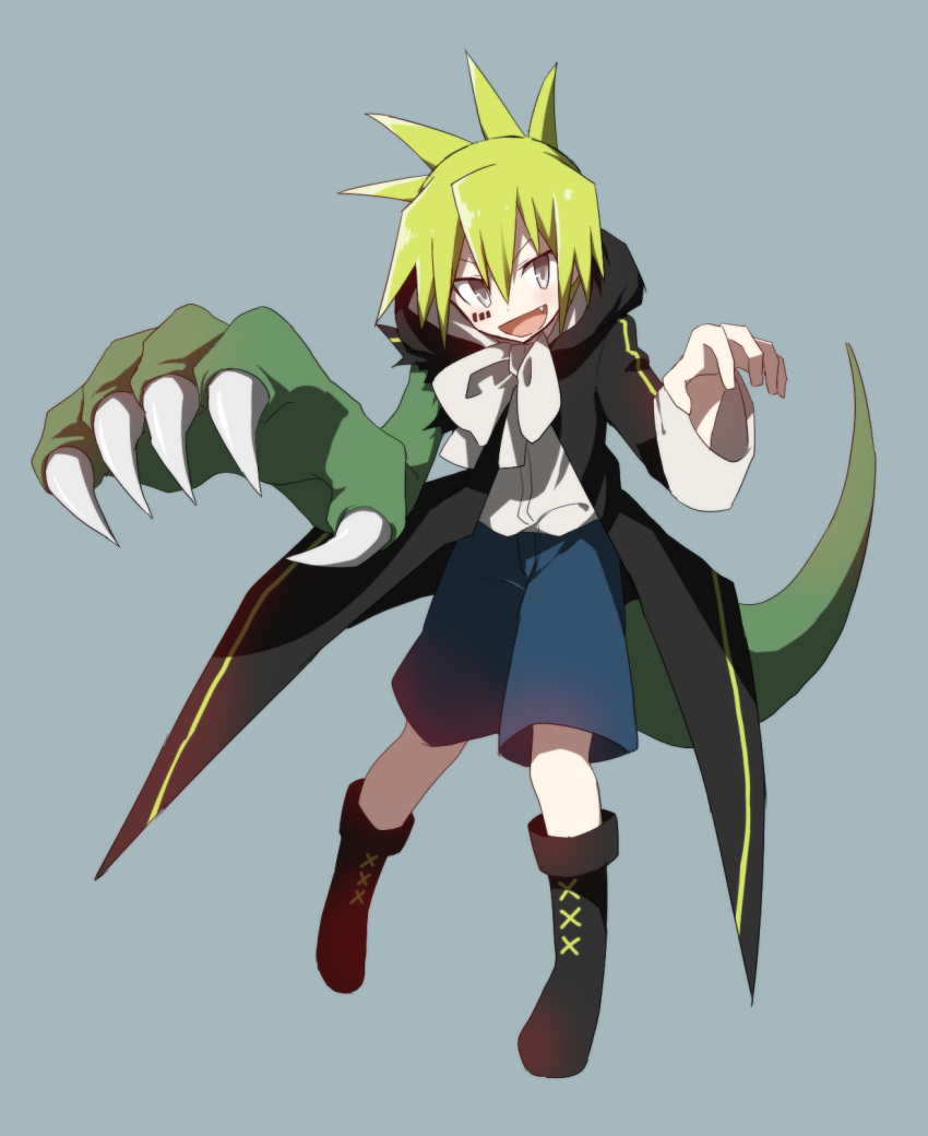 1boy, :d, anime_coloring, asymmetrical_arms, bishounen, black_coat, black_footwear, blue_shorts