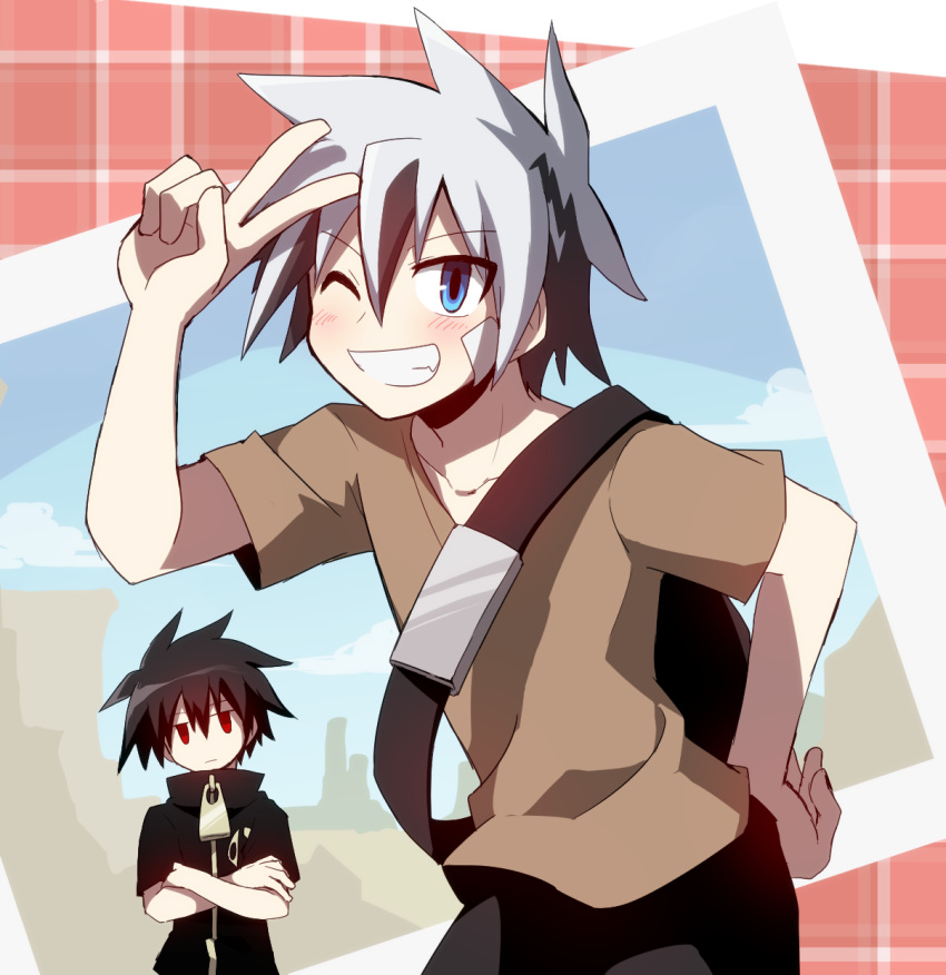 2boys, ;d, arm_up, backpack, bag, black_hair, black_pants, blue_eyes