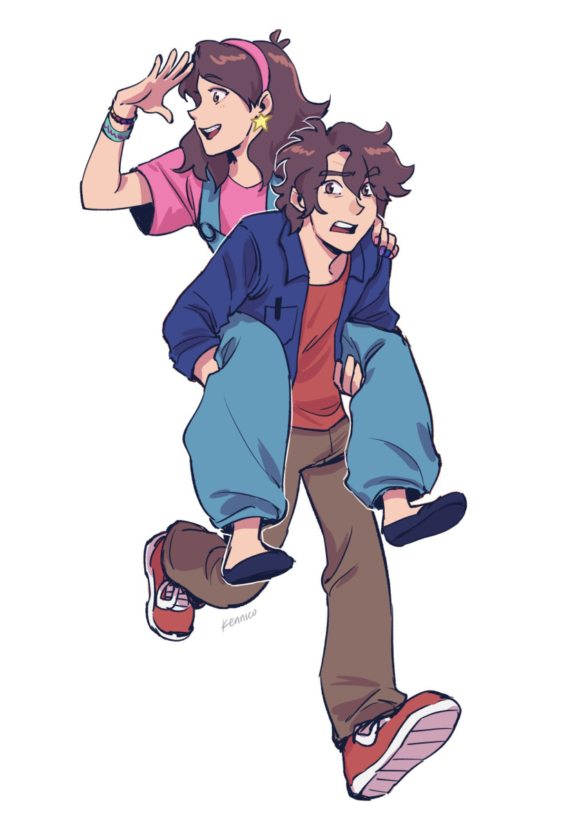 1boy, 1girl, aged_up, artist_name, bracelet, breast_pocket, brother_and_sister, brown_eyes, brown_hair, brown_pants, carrying, dipper_pines, english_commentary, full_body, gravity_falls, highres, jewelry, ken_nico, mabel_pines, nail_polish, open_mouth, pants, piggyback, pocket, red_footwear, red_shirt, shirt, shoes, short_sleeves, siblings, sneakers, teeth, twins, upper_teeth_only