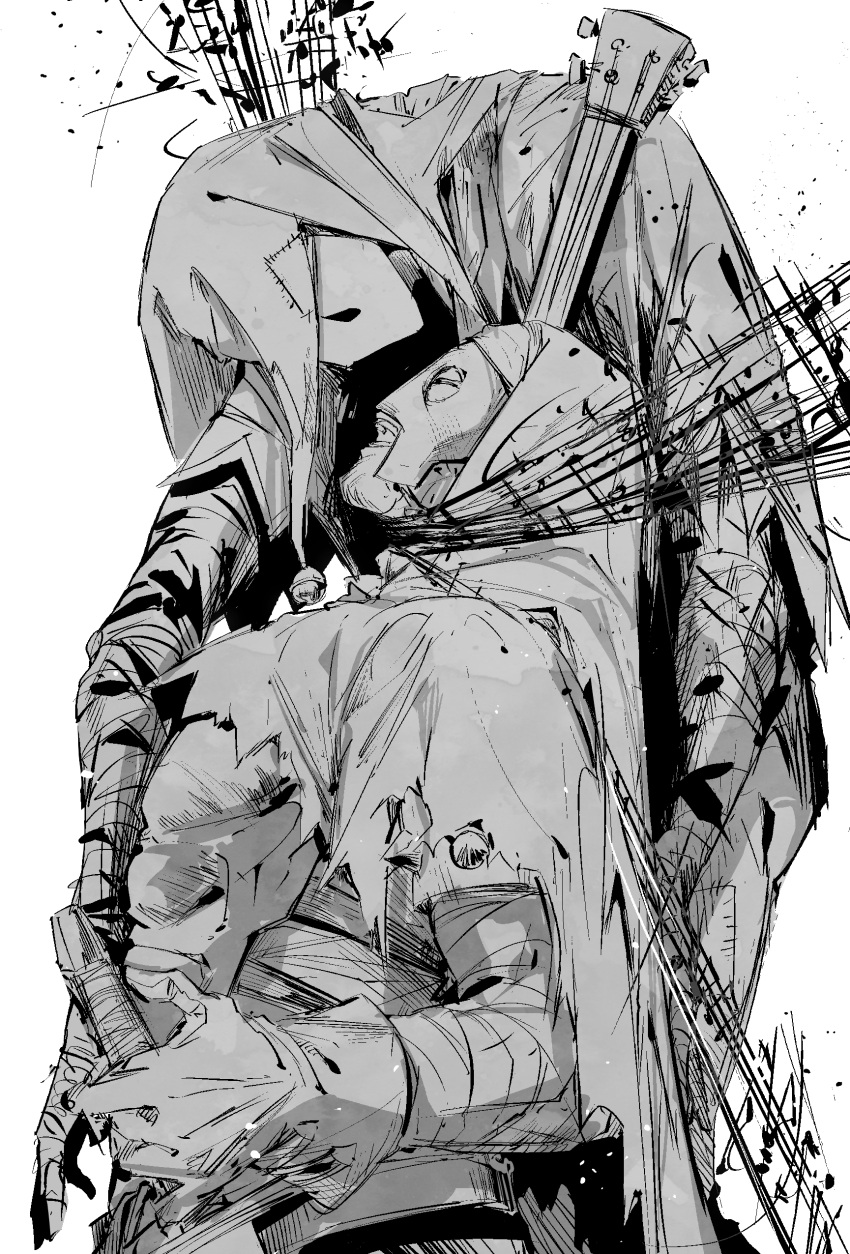 2boys, absurdres, arm_wrap, cloak, darkest_dungeon, eye_contact, gloves, greyscale