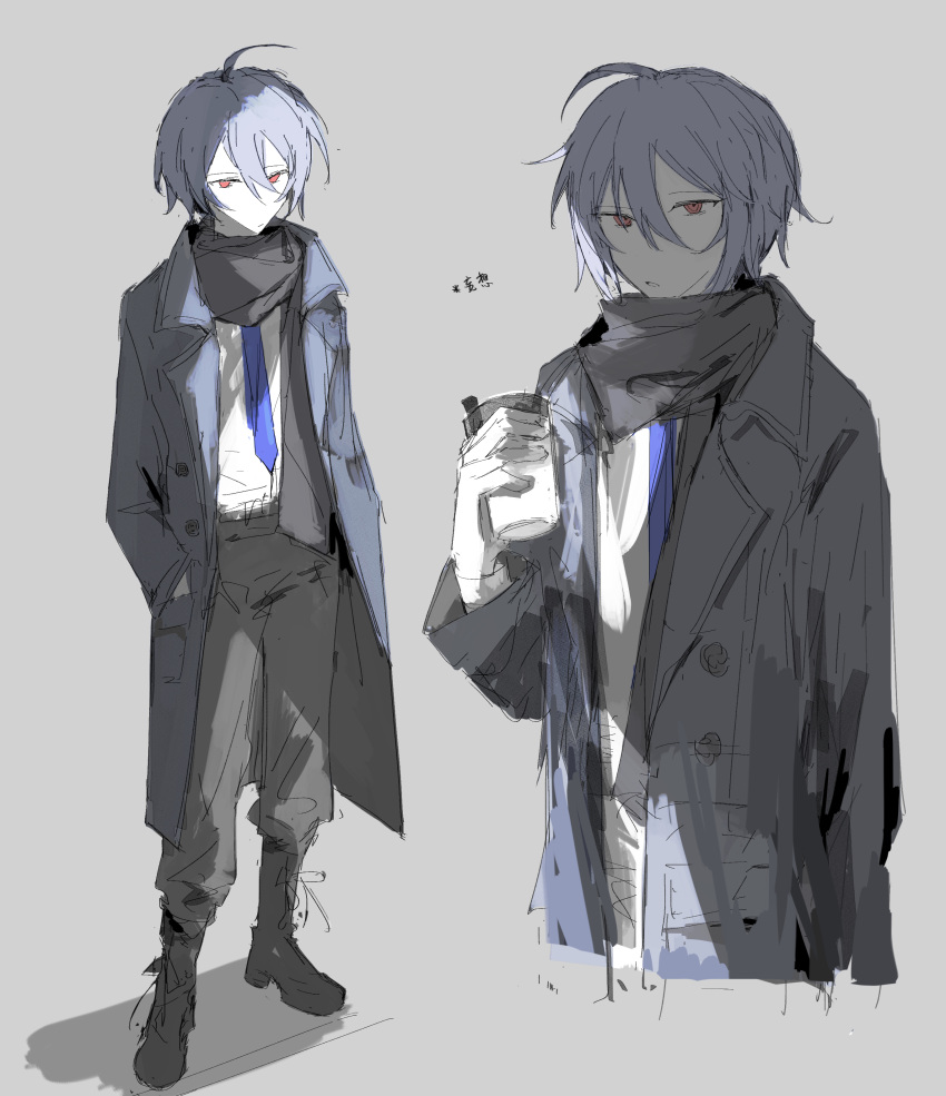 1boy, absurdres, ahoge, alternate_costume, black_footwear, blue_coat, blue_hair, blue_necktie, boots, chinese_commentary, chinese_text, closed_mouth, coat, collared_coat, commentary_request, cropped_legs, cross-laced_footwear, cup, danganronpa_(series), danganronpa_another, danganronpa_another:_another_despair_academy, disposable_cup, dress_pants, drink, drinking_straw, english_commentary, expressionless, full_body, grey_background, grey_pants, grey_scarf, hair_between_eyes, hands_in_pockets, highres, holding, holding_drink, kinjou_tsurugi, korean_commentary, lapels, light_frown, looking_at_viewer, male_focus, mixed-language_commentary, multiple_views, necktie, notched_lapels, open_clothes, open_coat, pants, parted_lips, red_eyes, scarf, shadow, shirt, short_hair, simple_background, standing, sutoroboraito, translation_request, trench_coat, white_shirt, winter_clothes