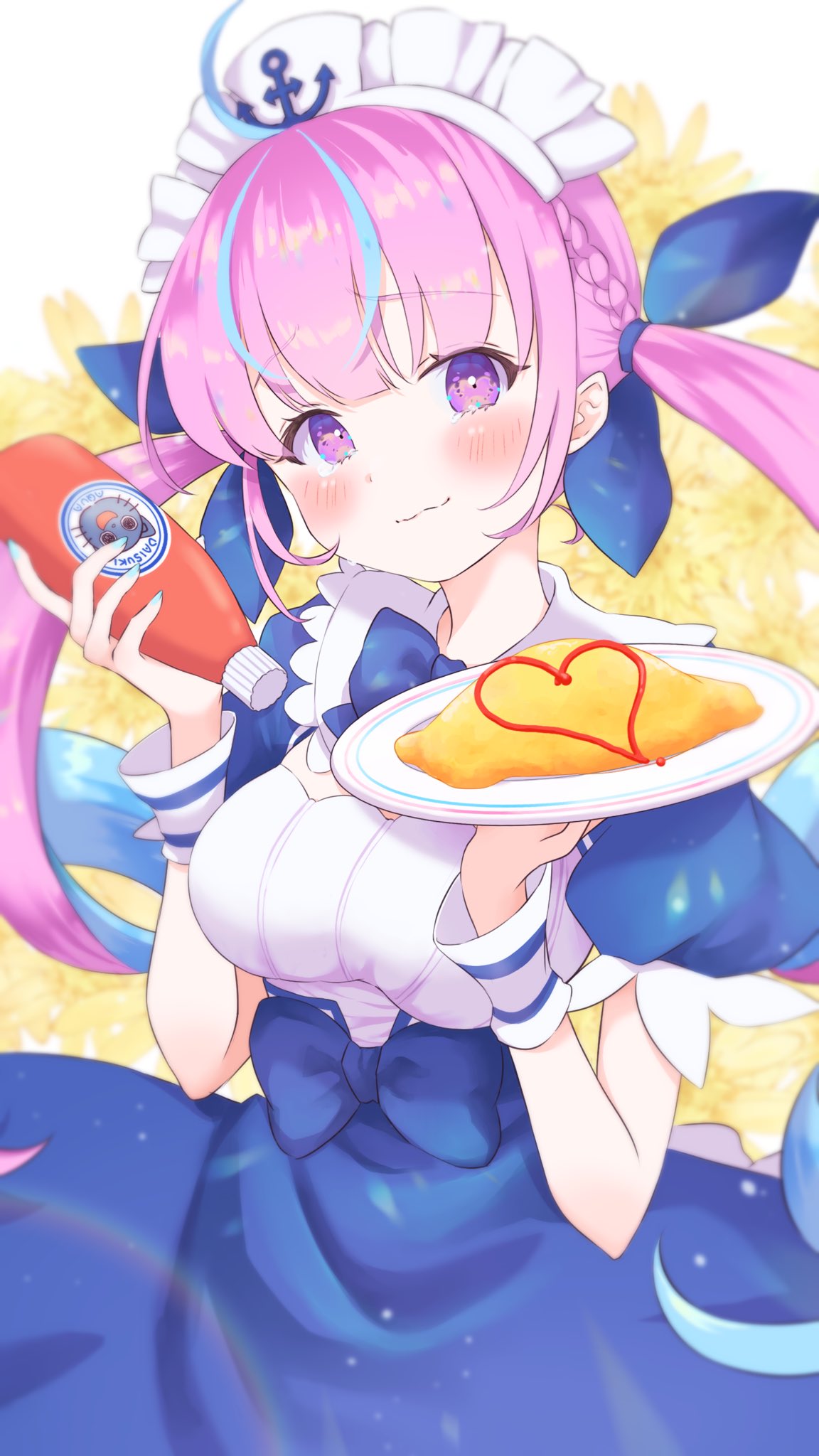 :3, ahoge, ash_ketchum, blue_bow, blue_bowtie, blue_dress, blue_hair, blue_ribbon