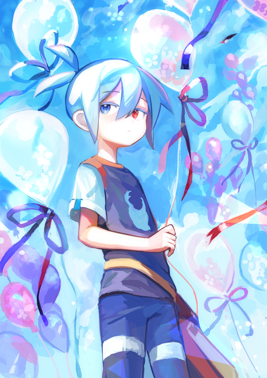 1boy, absurdres, antenna_hair, arm_at_side, asuma_kanau, balloon, black_shirt, blue_background