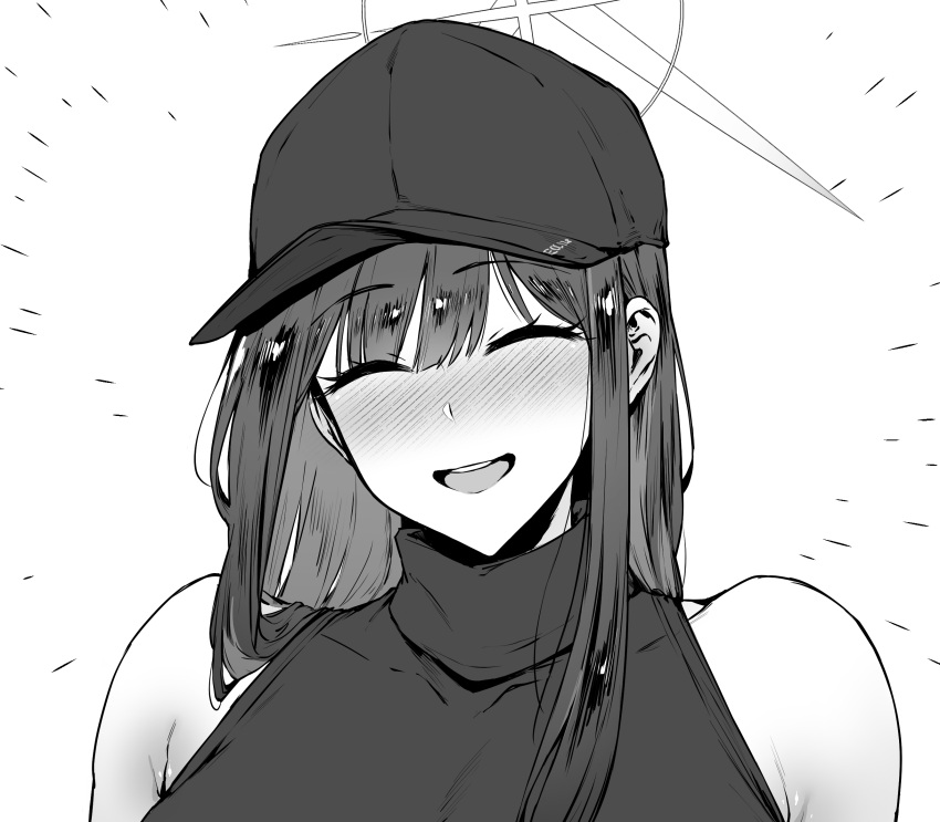 1girl, bare_shoulders, baseball_cap, blue_archive, blue_eyes, blue_hair, blush, halo