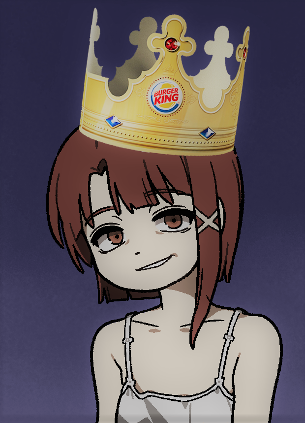 1girl, bare_shoulders, blue_background, brown_eyes, brown_hair, burger_king, camisole, cantacle666
