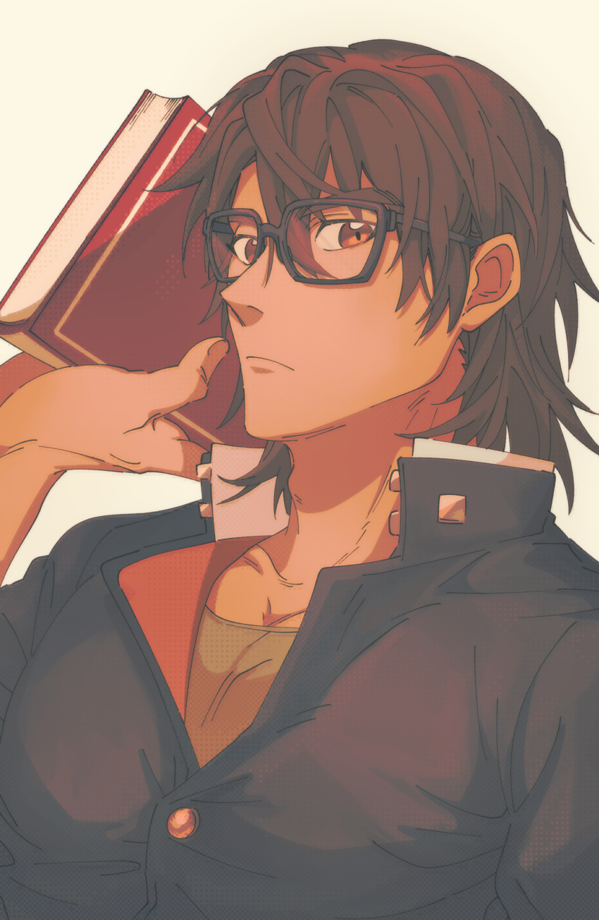 1boy, absurdres, book, brown_eyes, brown_hair, closed_mouth, gakuran, glasses