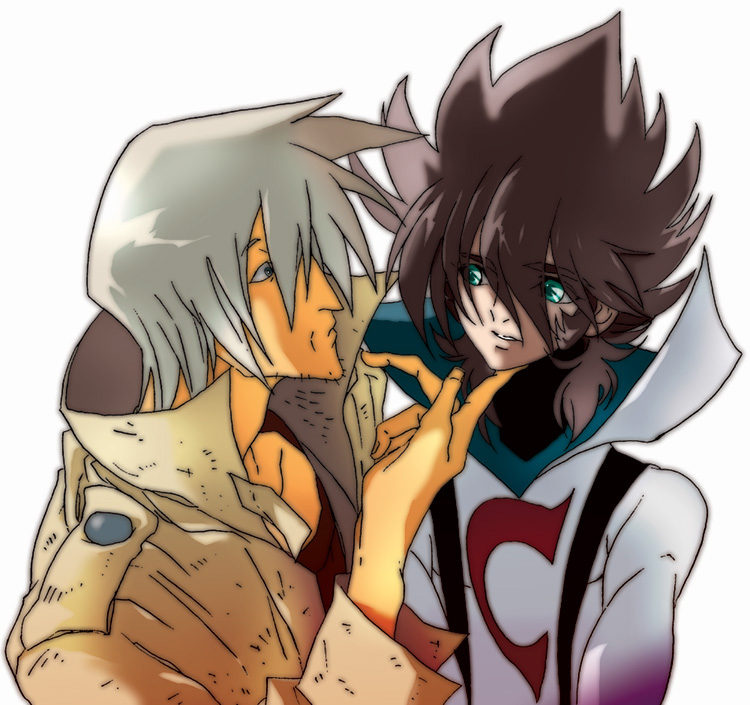 2boys, akira-riku, akoes, beard_stubble, blue_eyes, bodysuit, brown_hair, casshern, casshern_(series), casshern_sins, closed_mouth, coat, commentary_request, facial_hair, grey_coat, grey_hair, hair_between_eyes, hand_on_another's_chin, long_bangs, looking_at_another, male_focus, multiple_boys, popped_collar, red_shirt, shirt, short_hair, simple_background, spiky_hair, stubble, t-shirt, upper_body, white_background, white_bodysuit