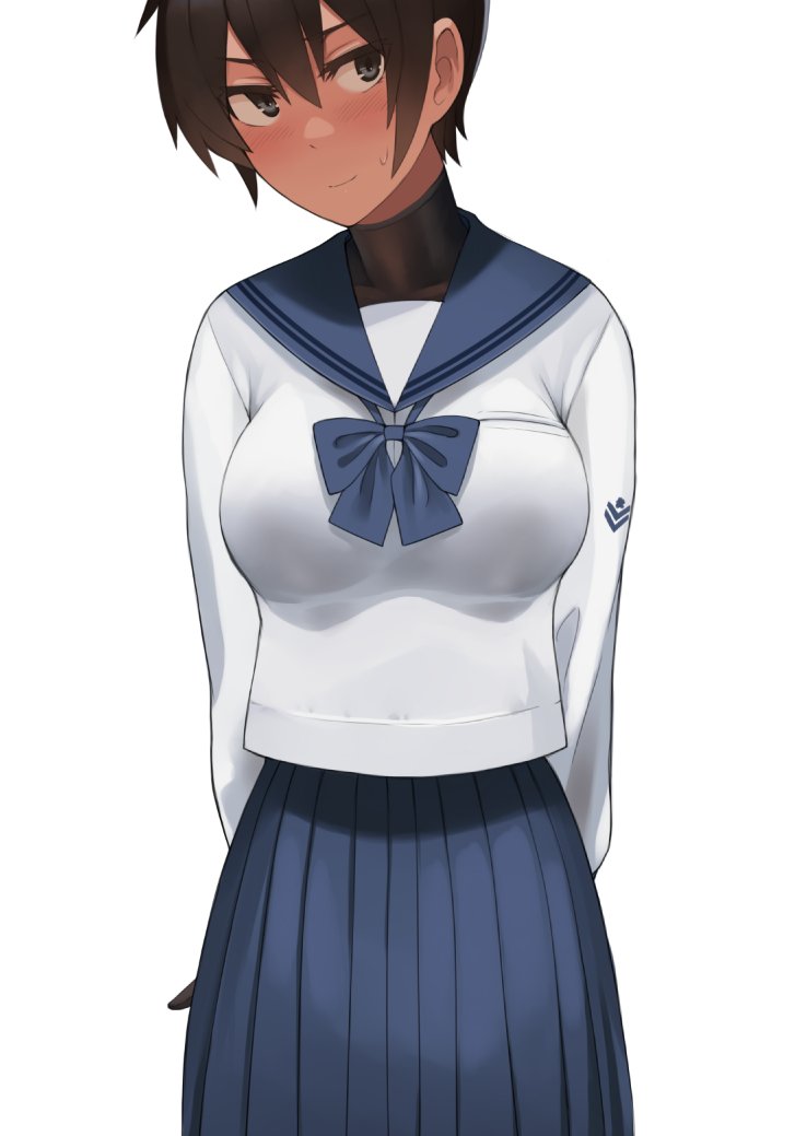 black_bodysuit, black_eyes, black_hair, black_sailor_collar, blue_bow, blue_bowtie, blue_skirt, blush