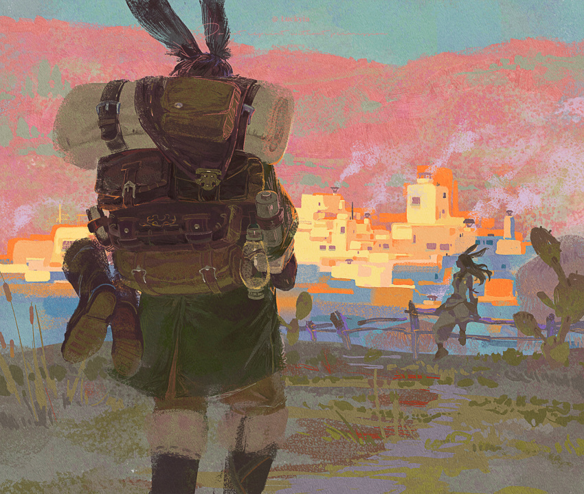 1boy, 1girl, animal_ears, backpack, bag, black_hair, boots, building