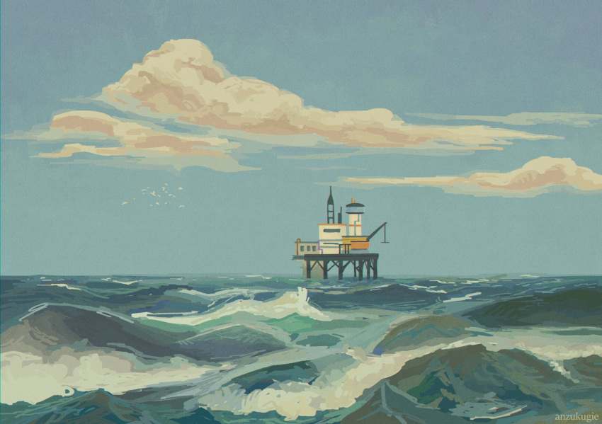 afterlife_smp, architecture, blue_sky, building, clouds, commentary, crane_(machine), day, deathricedrawn, dock, english_commentary, highres, in-universe_location, lighthouse, minecraft_youtube, no_humans, ocean, oil_rig, outdoors, painterly, scenery, sky, water, waves