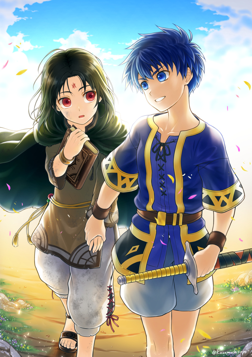2boys, absurdres, blue_eyes, blue_hair, book, cape, child, commentary_request