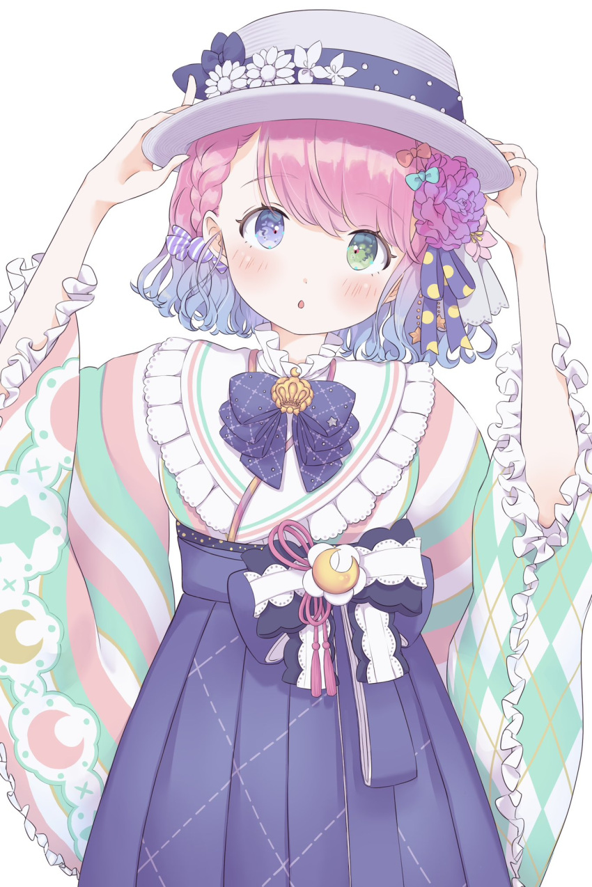 :o, blue_bow, blue_bowtie, blue_hair, blue_hakama, blush, bow, bowtie