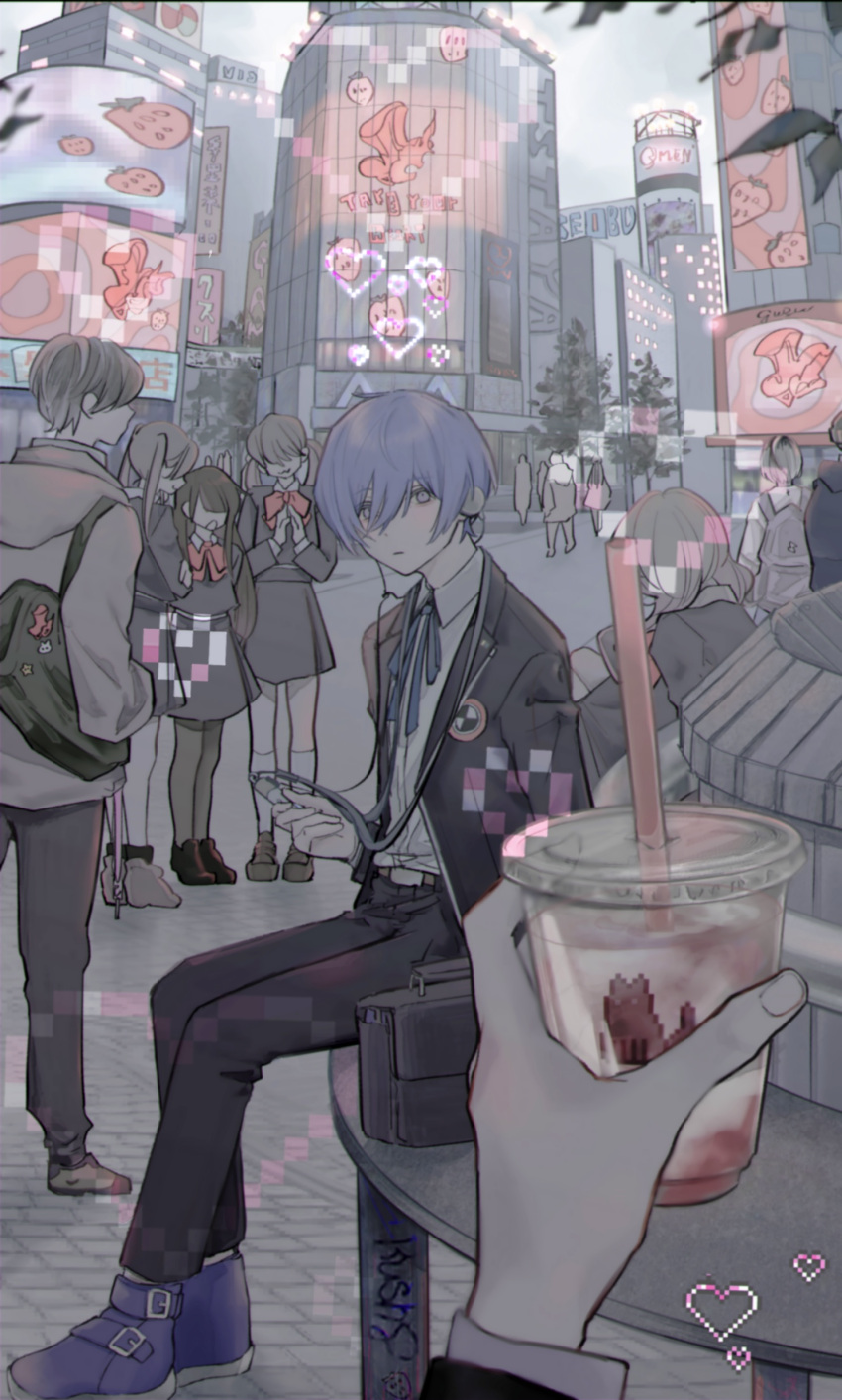 absurdres, amamiya_ren, bag, black_jacket, blue_eyes, blue_hair, city, closed_mouth