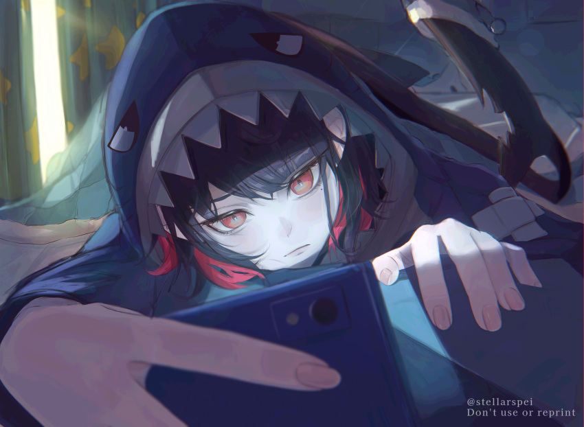 1girl, absurdres, animal_costume, black_hair, closed_mouth, colored_inner_hair, curtains, ellen_joe