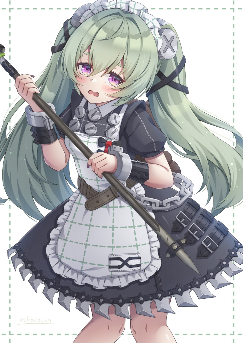 1girl, apron, corin_wickes, green_hair, hair_between_eyes, highres, holding, holding_weapon